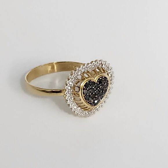 18k Yellow Gold Black &White Diamonds Heart Ring Size 7.25 - Picture 4 of 12